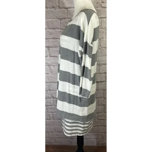 GARNET HILL Women S Double Layer Knit Dress Gray White Stripe Tunic Stretch 9159 - Picture 3 of 8